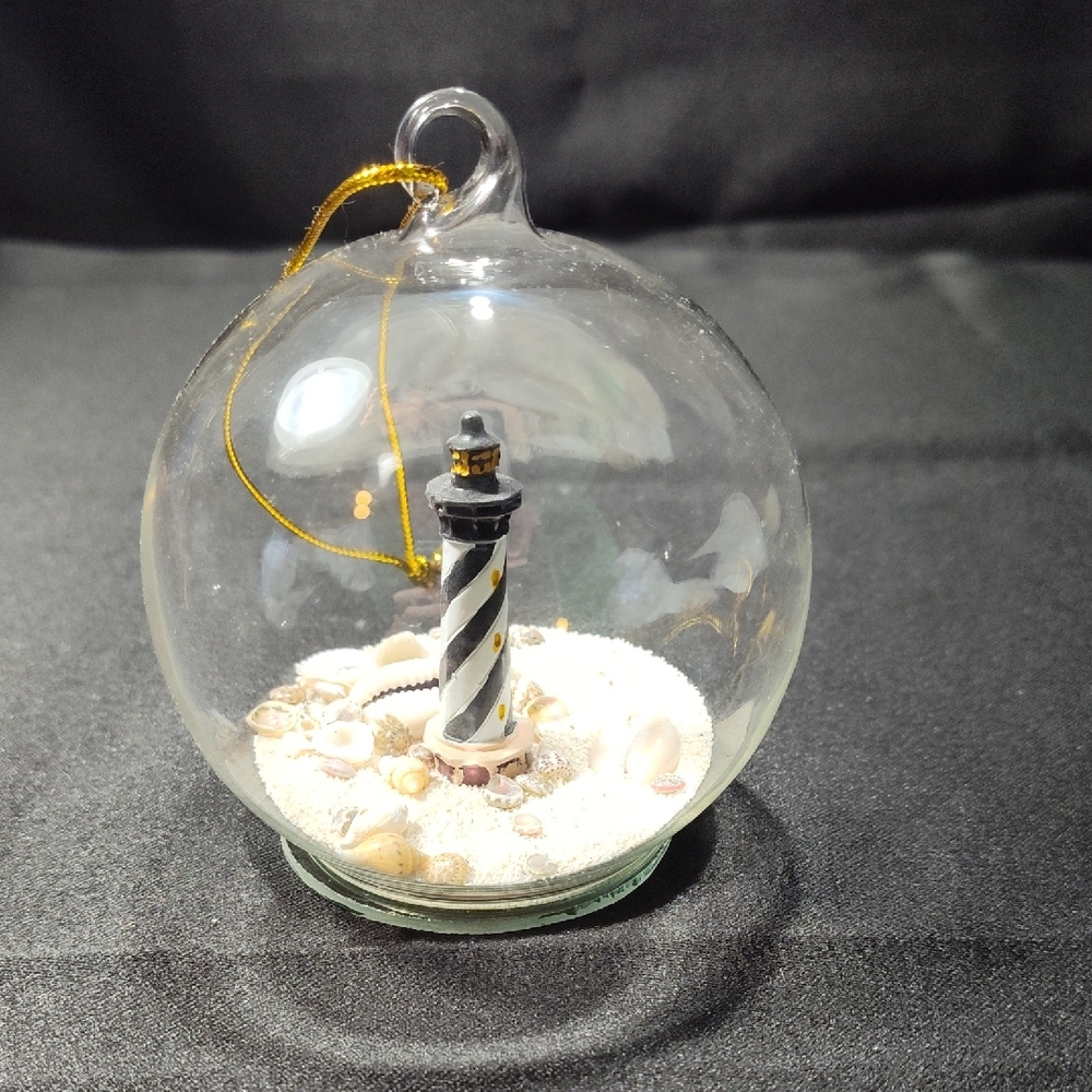 Black and White Spiral Lighthouse Globe Accent Ornament With Sand And Shells